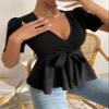 Women's Summer Short Sleeve T-Shirt Puff Sleeve Surplice Neck Belted Peplum Tee Black view 4