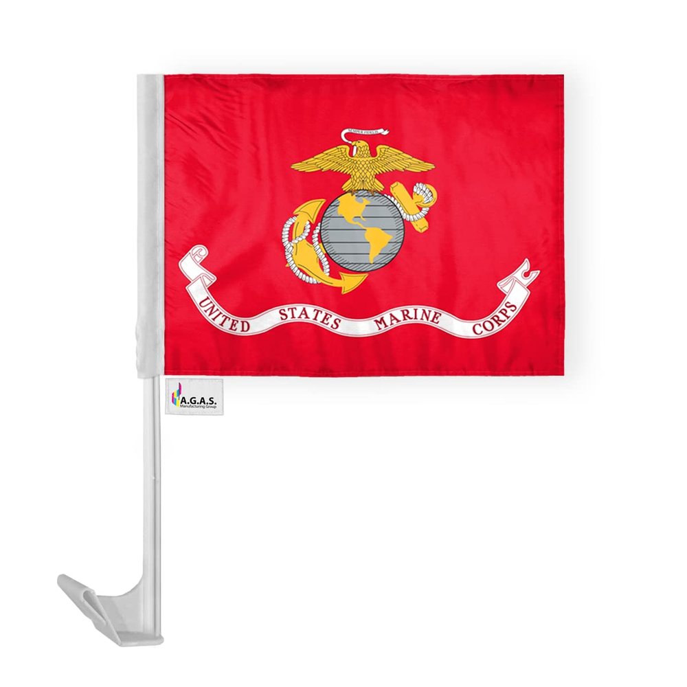 AGAS 12x16 inch US Marine Corps Military Car Flag - Attached to 17 inch White Plastic Flex Pole- Single Sided Print on Polyester Fabric- Stitched Edges- with a Window Plastic Clip- Tear and Water Resistant- Perfect for displaying on your Car. (US Mar