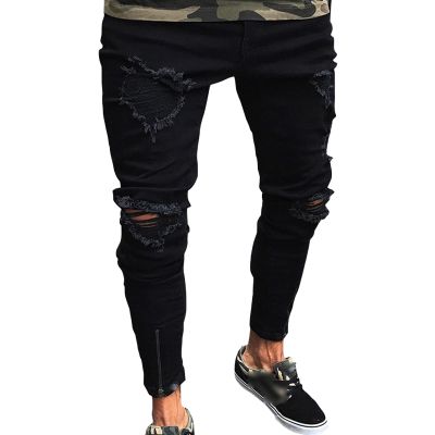 Maiyifu-GJ Mens Ripped Slim Tapered Leg Jeans Knee Holes Hip Hop Denim Pencil Pant Skinny Distressed Destroyed Stretch Jean (Black,Large)