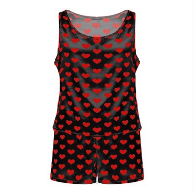 ACSUSS Men's Silk Satin Pajamas Set Sleeveless Racerback Tank Top Sleepwear with Boxer Shorts Black Red Heart Medium