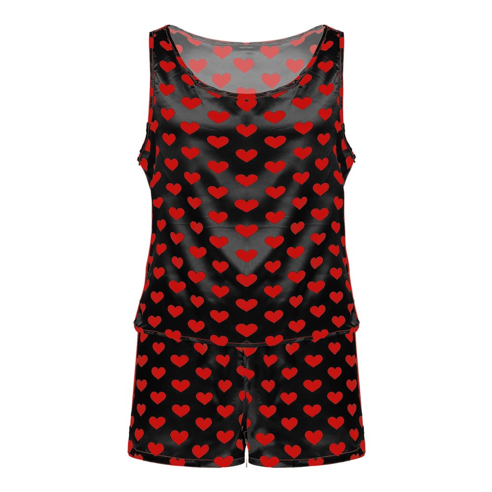 ACSUSS Men's Silk Satin Pajamas Set Sleeveless Racerback Tank Top Sleepwear with Boxer Shorts Black Red Heart Medium