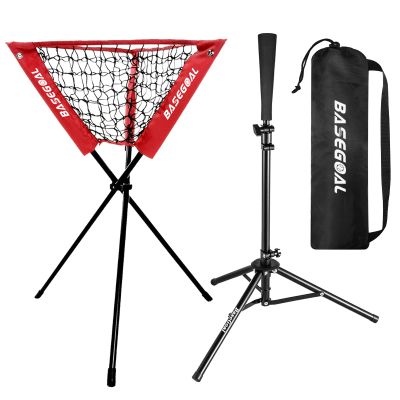 BaseGoal Baseball Caddy,Ball Caddy,Baseball Basket with Batting Tee and Topper Replacement for Baseball Softball Batting Pitching Practice Training,Portable and Foldable (Red)