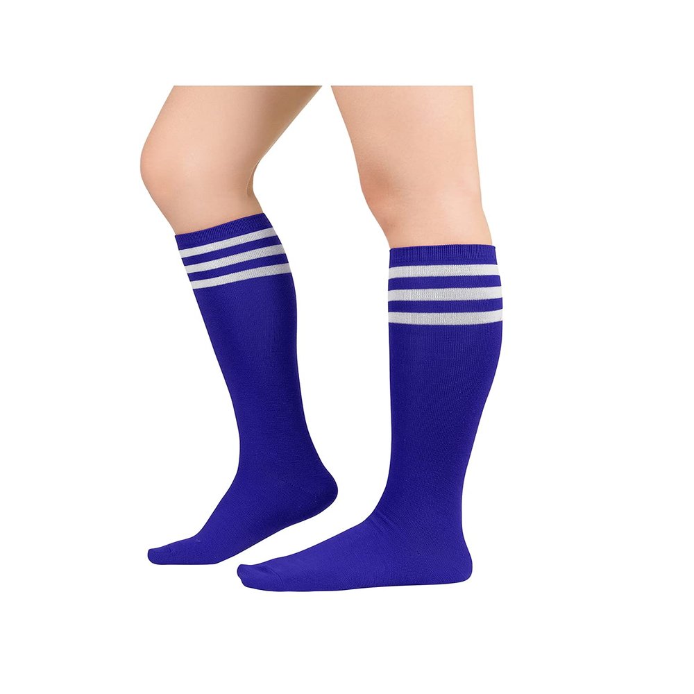 Blue Knee High Socks - Long Thin Athletic Socks for Women with Three White Stripes