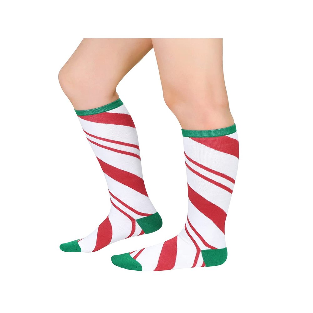 Century Star Christmas Socks for Women - Long Thin with White Red Striped Knee High Sports Socks Tall Stockings