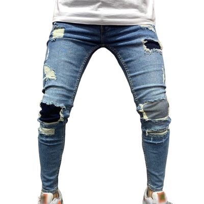 Maiyifu-GJ Mens Ripped Slim Tapered Leg Jeans Knee Holes Hip Hop Denim Pencil Pant Skinny Distressed Destroyed Stretch Jean (Light Blue 2,XX-Large)
