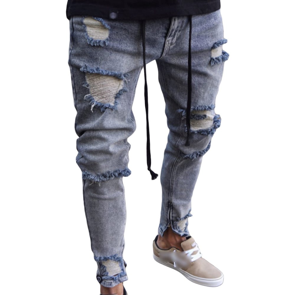 Maiyifu-GJ Mens Ripped Slim Tapered Leg Jeans Knee Holes Hip Hop Denim Pencil Pant Skinny Distressed Destroyed Stretch Jean (Light Blue 1,3X-Large)