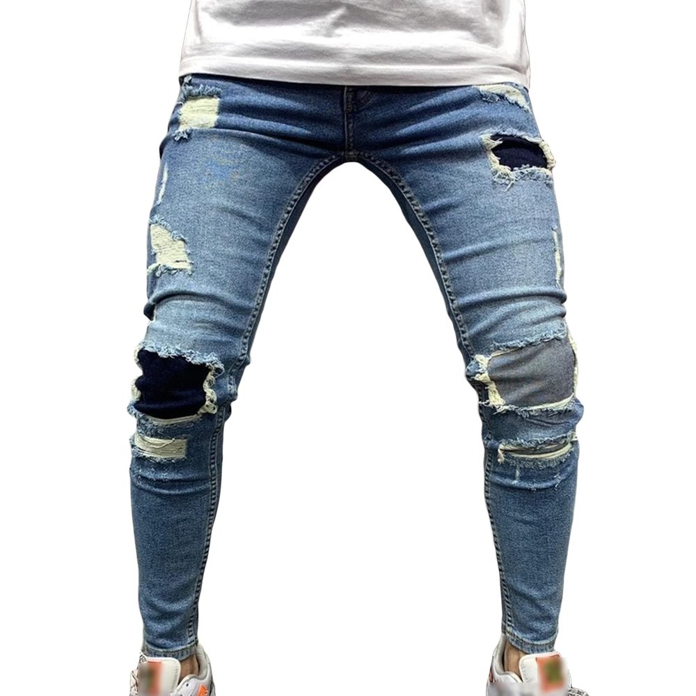 Maiyifu-GJ Mens Ripped Slim Tapered Leg Jeans Knee Holes Hip Hop Denim Pencil Pant Skinny Distressed Destroyed Stretch Jean (Light Blue 2,Medium)