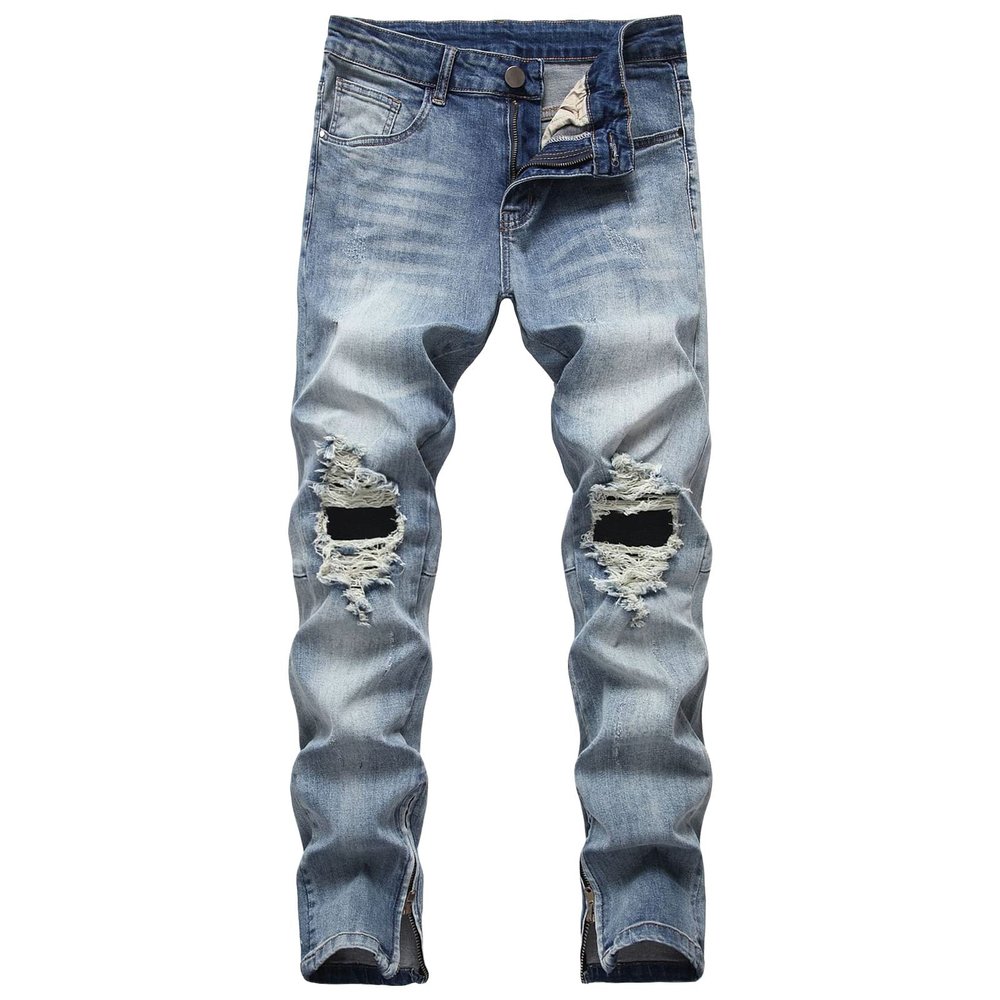 Maiyifu-GJ Men's Ripped Slim Tapered Leg Jeans Knee Holes Ankle Zipper Denim Pencil Pants Skinny Destroyed Jean Trousers (Light Blue,30)