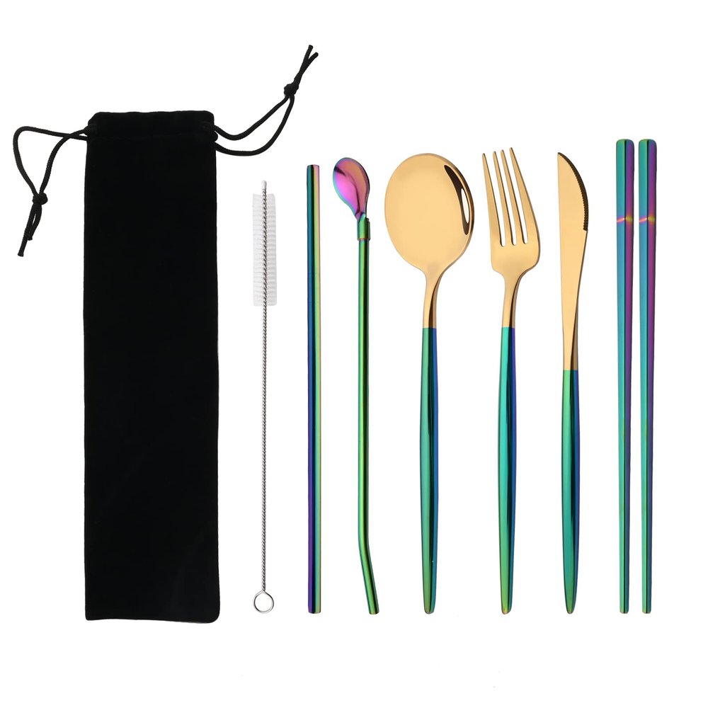 Travel Utensils Set, Uniturcky 7PCS Portable Silverware Set Including Knife Fork Spoon Chopsticks Cleaning Brush Straws Portable Bag, 18/10 Stainless Steel Gold Flatware Set with Rainbow Handle