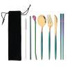 Travel Utensils Set, Uniturcky 7PCS Portable Silverware Set Including Knife Fork Spoon Chopsticks Cleaning Brush Straws Portable Bag, 18/10 Stainless Steel Gold Flatware Set with Rainbow Handle view 1