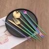 Travel Utensils Set, Uniturcky 7PCS Portable Silverware Set Including Knife Fork Spoon Chopsticks Cleaning Brush Straws Portable Bag, 18/10 Stainless Steel Gold Flatware Set with Rainbow Handle view 3
