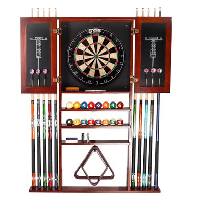 GSE Games & Sports Expert 10 Billiard Pool Cue Rack & Dart Board Cabinet Combination, Wall Mounted Billiard Pool Cue Rack Only, Dartboard Cabinet Only with Dart Scoreboard (Mahogany)