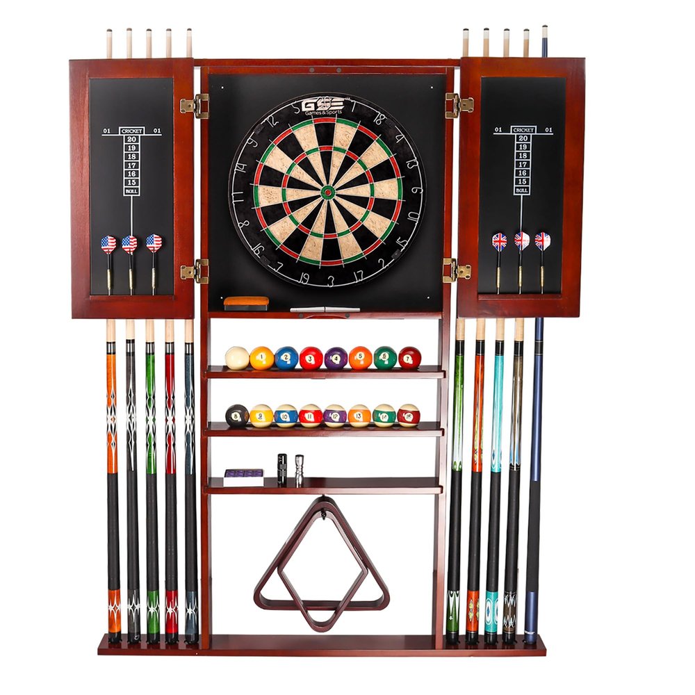 GSE Games & Sports Expert 10 Billiard Pool Cue Rack & Dart Board Cabinet Combination, Wall Mounted Billiard Pool Cue Rack Only, Dartboard Cabinet Only with Dart Scoreboard (Mahogany)
