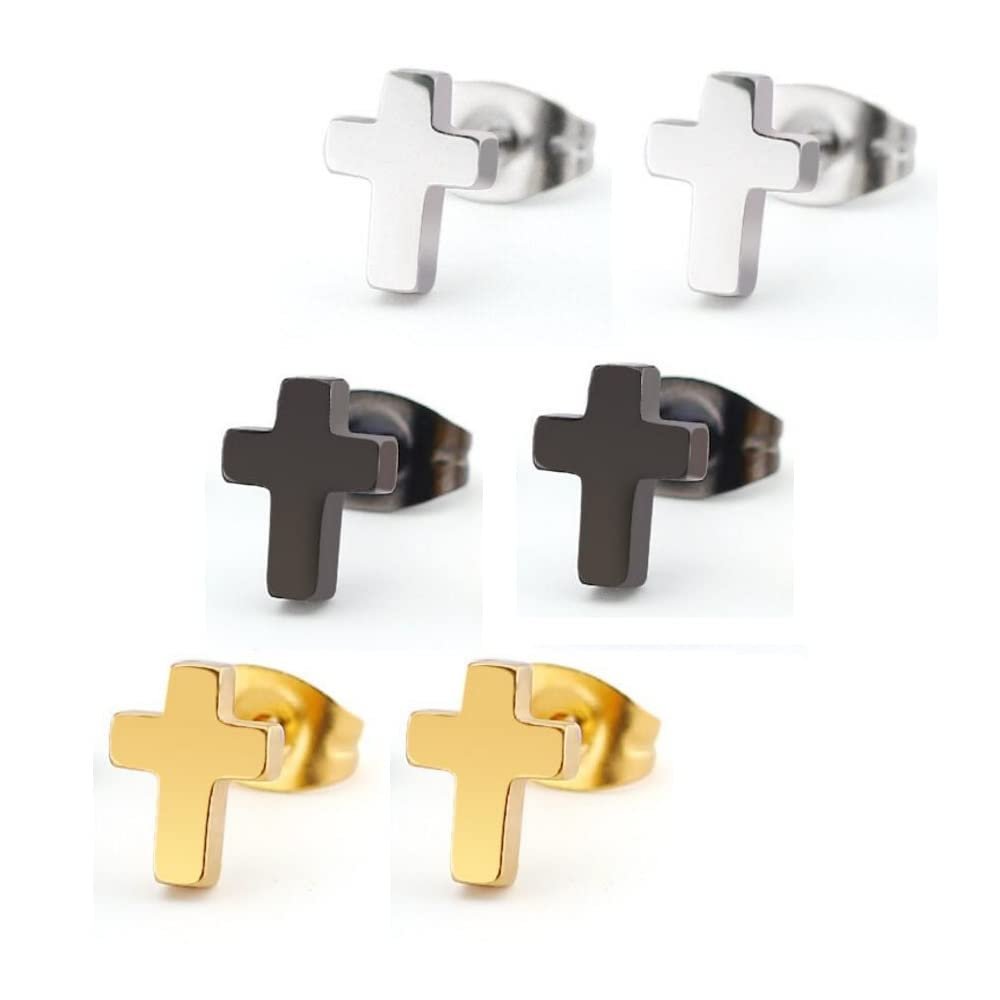 Cross Stud Earrings Black Silver Gold Stainless Steel Tiny Cross Earrings Set for Women and Men-3Pairs Stud