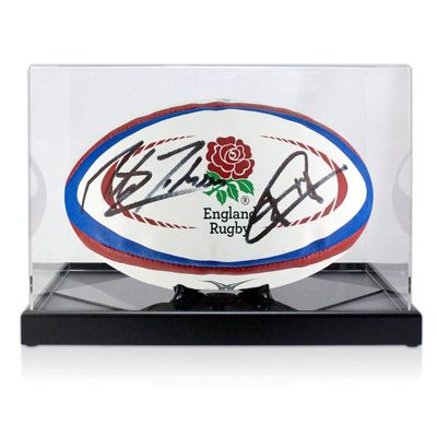 Exclusive Memorabilia Martin Johnson and Jonny Wilkinson Signed England Rugby Ball. Display Case