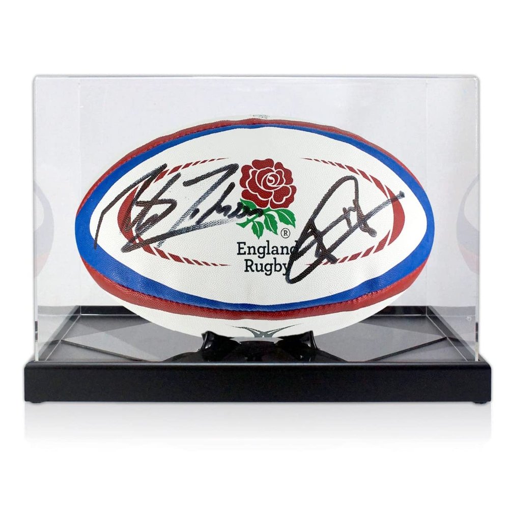 Exclusive Memorabilia Martin Johnson and Jonny Wilkinson Signed England Rugby Ball. Display Case