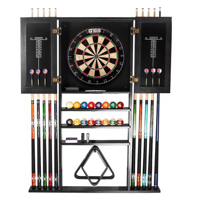 GSE Games & Sports Expert 10 Billiard Pool Cue Rack & Dart Board Cabinet Combination, Wall Mounted Billiard Pool Cue Rack Only, Dartboard Cabinet Only with Dart Scoreboard (Black)