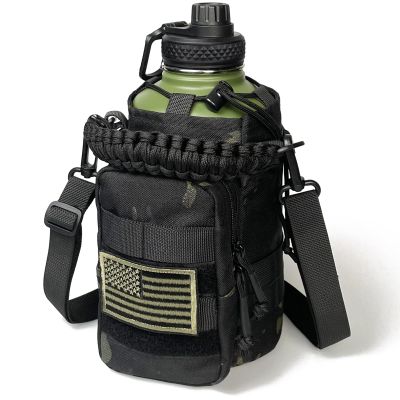 DEFUNX 64 Oz Water Bottle with Sleeve - Military Green Half Gallon Insulated Water Jug with Handle - Stainless Steel Sports Bottle for Gym Workout Hiking Camo Black Pouch
