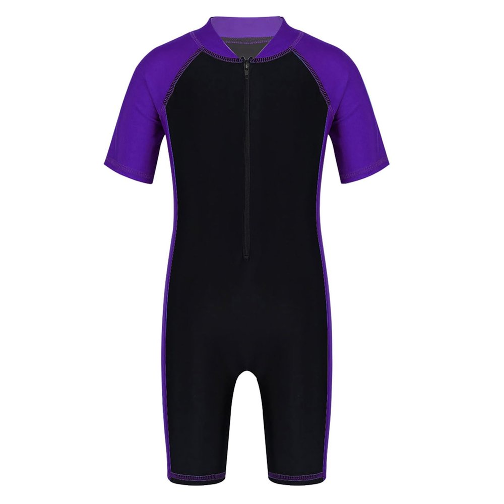 Alvivi Kids Baby Boy Girls Short Sleeve Shorty Swimming Suit UV Sun Protective Zipper One Piece Swimsuit Purple&Black 8 Years