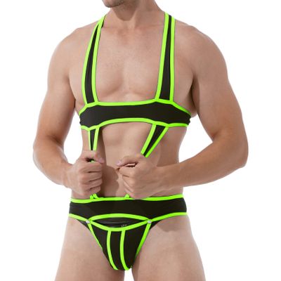 Linjinx Men's Underwear Jockstrap Bulge Pouch Jumpsuits One-Piece Catsuit Lingerie Gay Bodysuits Green X-Large