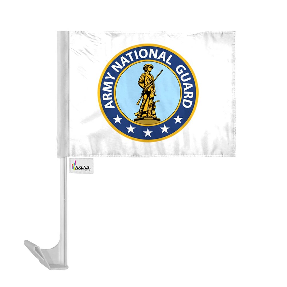 AGAS 12x16 inch US Army National Guard Military Car Flag - Attached to 17 inch White Plastic Flex Pole- Single Sided Print on Polyester Fabric- Stitched Edges- with a Window Plastic Clip- Tear and Water Resistant- Perfect for displaying on your Car. 