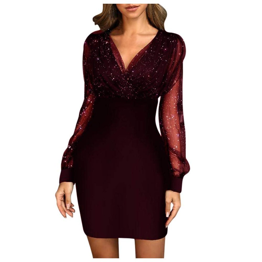 Elegant Sequins Dress for Women Retro Mesh Long Sleeve Sexy V Neck Formal Party Bodycon Dresses A-wine