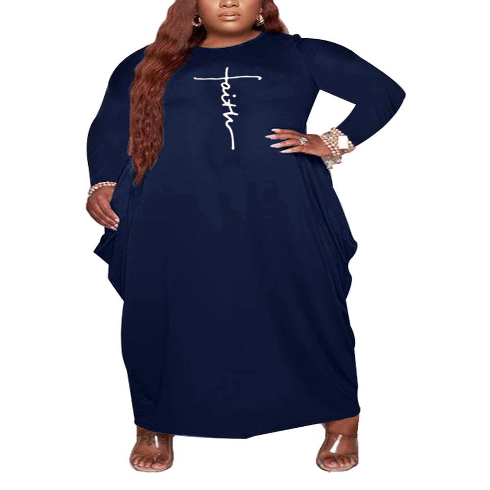 Fooullaide Women's Plus Size Maxi Dress Faith Print Loose Oversize Long Sleeve Baggy Tshirt Casual Tunic Dresses with Pocket