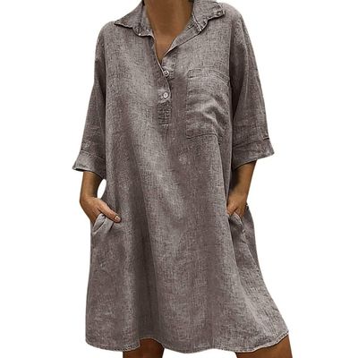 Casual Dress for Women Loose Solid Color Button Shirt Dress Plus Size 3/4 Sleeve Pocket Dresses XL-5XL