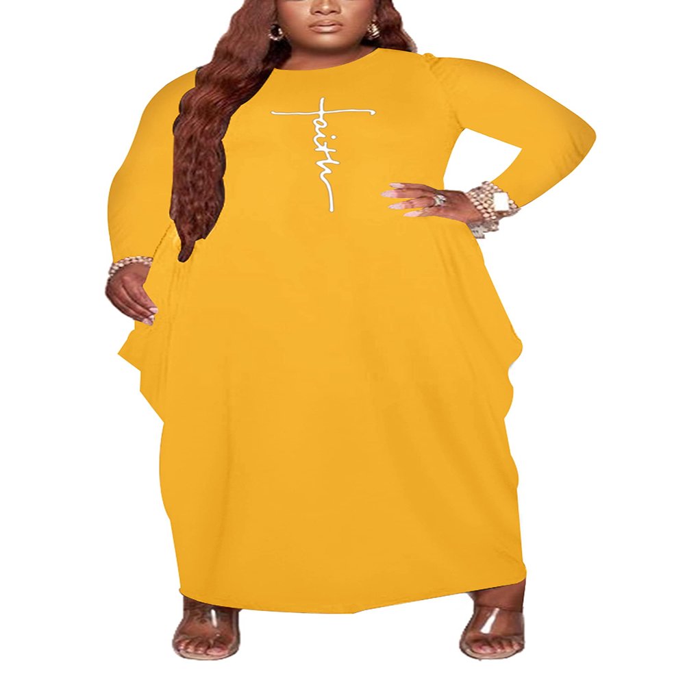 AIIYYQB Women's Casual Loose Plus Size Maxi Dress Faith Print Long Sleeve Baggy Long T-Shirt Tunic Dress with Pockets
