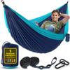 Durable Hammock 400 lb Capacity, Nylon Camping Hammock Chair - Double or Single Sizes w/Tree Straps and Attached Carry Bag - Portable for Travel/Backpacking/Beach/Backyard (Medium, Blue & Light Blue) view 1