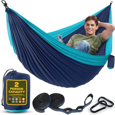 Durable Hammock 500 lb Capacity, Nylon Camping Hammock Chair - Double or Single Sizes w/Tree Straps and Attached Carry Bag - Portable for Travel/Backpacking/Beach/Backyard (Large, Blue & Light Blue)
