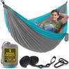 Durable Hammock 400 lb Capacity, Nylon Camping Hammock Chair - Double or Single Sizes w/Tree Straps and Attached Carry Bag - for Travel/Backpacking/Beach/Backyard (Medium, Light Grey & Sky Blue) view 1