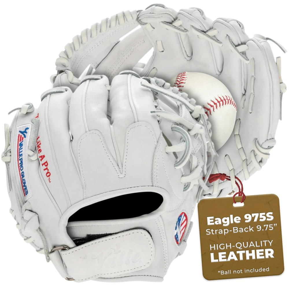 Valle Eagle 975S Strap-Back Infield Baseball Glove I Web  Sure Catch, Made with Soft Steer Hide Leather - Advanced Training & Practice Mitt for Youth, Boys & Girls  Right Hand Throw  White, 9.75