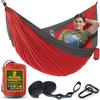Durable Hammock 500 lb Capacity, Nylon Camping Hammock Chair - Double or Single Sizes w/Tree Straps and Attached Carry Bag - Portable for Travel/Backpacking/Beach/Backyard (Large, Red & Dark Grey) view 1