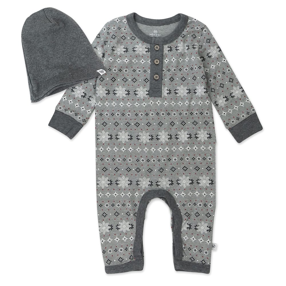 HonestBaby Holiday Outfit Sets Tops and Bottoms 100% Organic Cotton for Baby and Toddler Boys, Unisex, Fair Isle Gray, Newborn