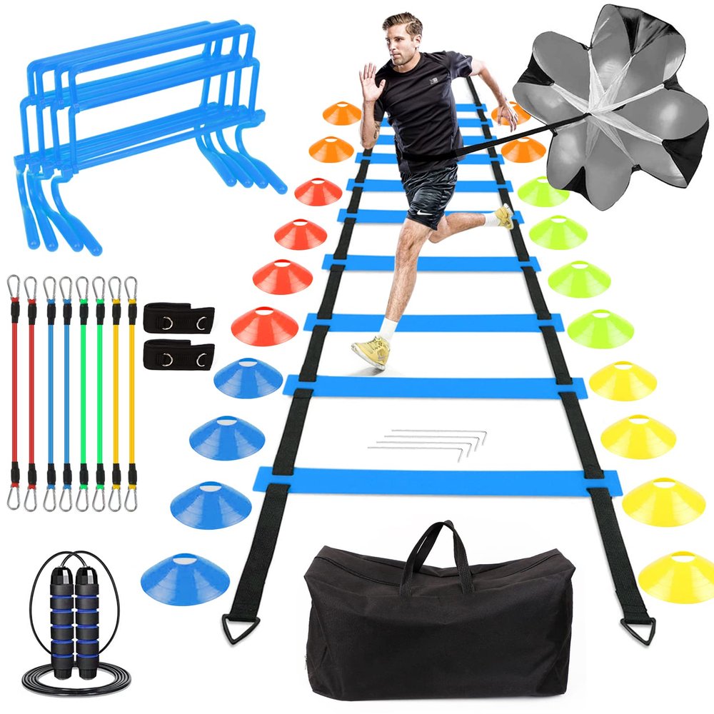 HOTOOLME Speed Agility Training Equipment Set - Includes Agility Ladder, Running Parachute, 8 Resistance Bands,20 Cones, 4 Hurdles, Jump Rope for Training Football, Soccer, Basketball Athletes