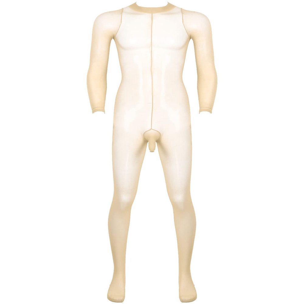 Sywiyi Mens Stretchy Sheer Mesh Bodystocking Long Sleeve Closed Toe Ultra-Thin Full Body Pantyhose Nude A One Size