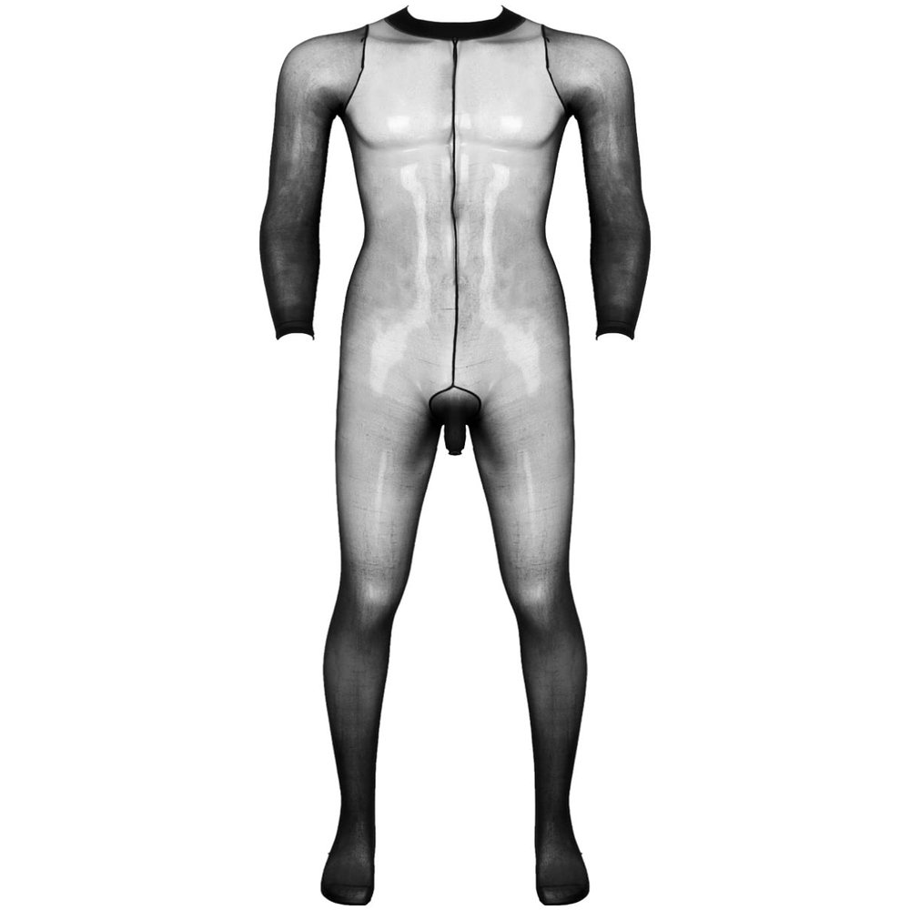 Sywiyi Mens Stretchy Sheer Mesh Bodystocking Long Sleeve Closed Toe Ultra-Thin Full Body Pantyhose Black A One Size