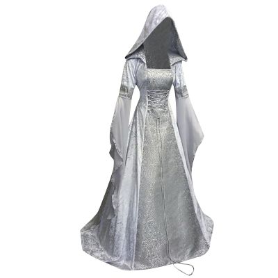 Women's Medieval Dress Renaissance Vintage Hooded Maxi Dresses Cosplay Costume Square Collar Gothic Party Long Gown Silver