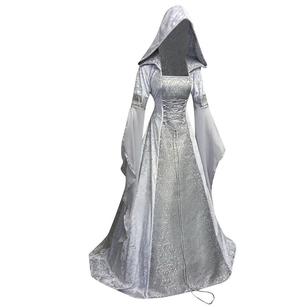 Women's Medieval Dress Renaissance Vintage Hooded Maxi Dresses Cosplay Costume Square Collar Gothic Party Long Gown Silver
