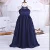 Alvivi Flower Girls Halter Lace Chiffon Dress Junior Bridesmaid Wedding Maxi Dress Party Evening Ball Gowns Navy Blue 12 Years view 3