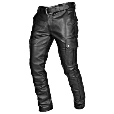 Men's Faux Leather Biker Pants Retro Metallic Punk Motocycle Pant Multi Pockets Stretch PU Leather Trousers (Black,Medium)