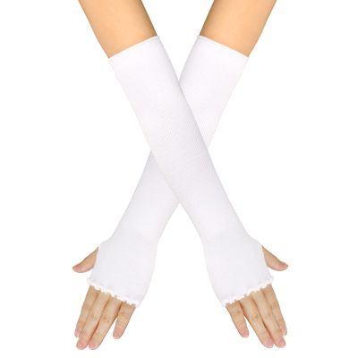 QUUPY 1 Pair White Lotus Leaf Edge Stretch Fingerless Gloves Long Over Elbow Thumbhole Arm Warmer Winter Autumn Soft Arm Sleeve for Women Girls 15.75
