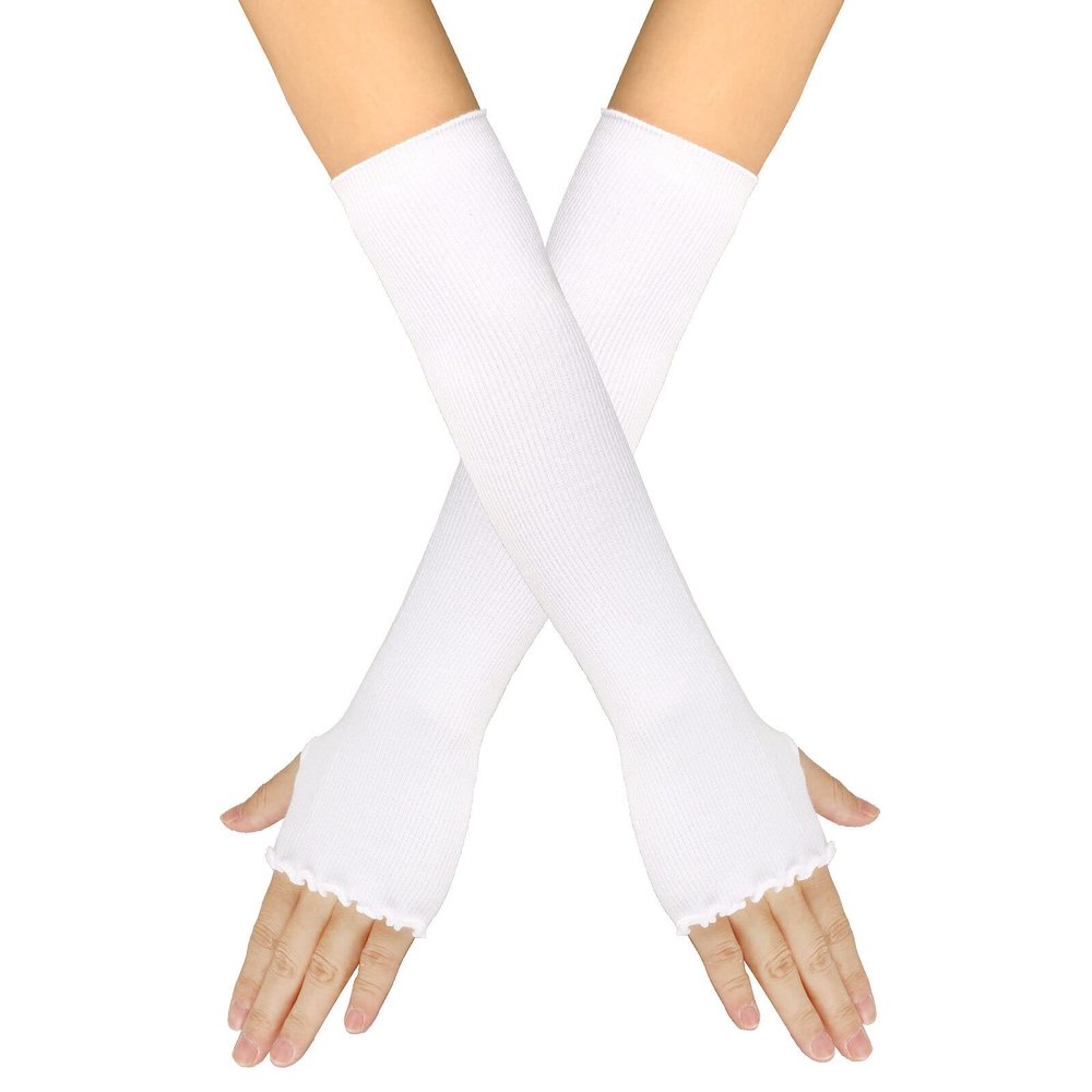 QUUPY 1 Pair White Lotus Leaf Edge Stretch Fingerless Gloves Long Over Elbow Thumbhole Arm Warmer Winter Autumn Soft Arm Sleeve for Women Girls 15.75