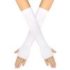 QUUPY 1 Pair White Lotus Leaf Edge Stretch Fingerless Gloves Long Over Elbow Thumbhole Arm Warmer Winter Autumn Soft Arm Sleeve for Women Girls 15.75 view 1