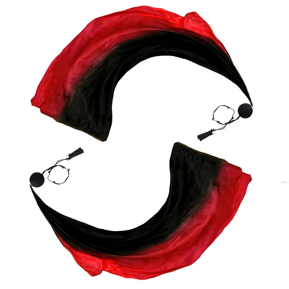 Aumulen Women 2 Pcs Hand Made Belly Dance Silk Poi Veil Streamer Throw Ball(Black red)