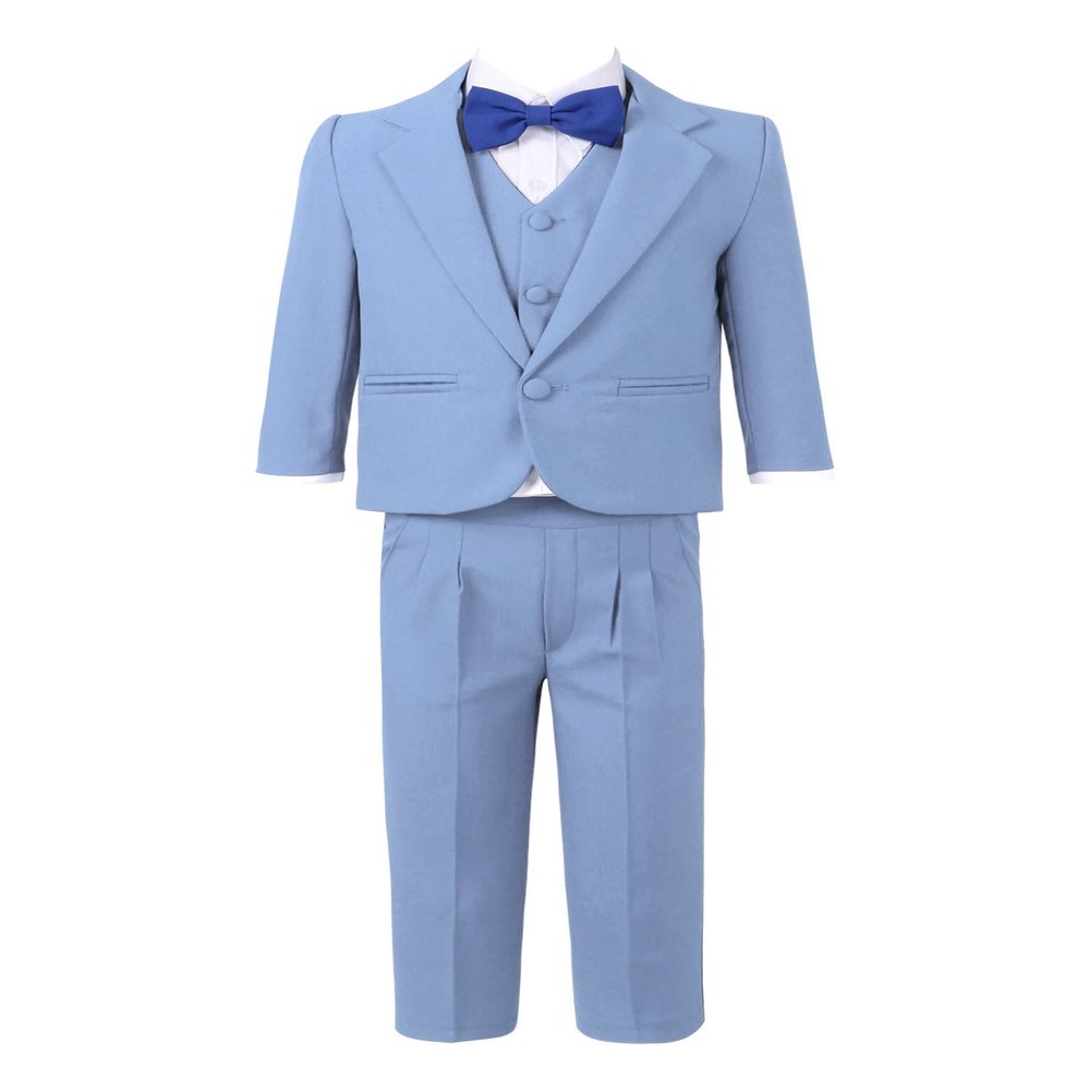Hularka Baby Boys' 4-Piece Suit Set with Dress Shirt Vest Jacket Pants and Bow Tie Formal Wear Wedding Outfits for Kids Blue 3 Years
