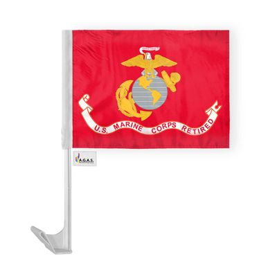 AGAS Marine Corps Retired Car Flag  Military Veteran Flag  12 x 16 Inch  Economy Car Window Flag  Single-Sided Printed Polyester  Double Stitched Edges  Mounted on 17 Inch White Plastic Flexible Pole with Clip-On Mount