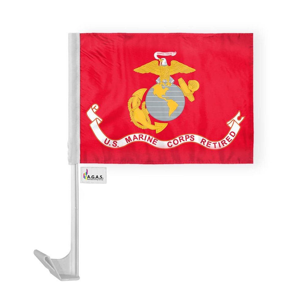 AGAS Marine Corps Retired Car Flag  Military Veteran Flag  12 x 16 Inch  Economy Car Window Flag  Single-Sided Printed Polyester  Double Stitched Edges  Mounted on 17 Inch White Plastic Flexible Pole with Clip-On Mount