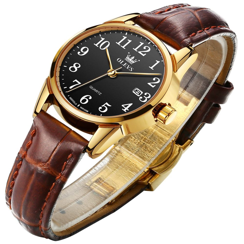 OLEVS Women Watches Black Dial Brown Leather Dress Ladies for Female Analog Quartz Wrist Watch with Date Waterproof Classic Casual